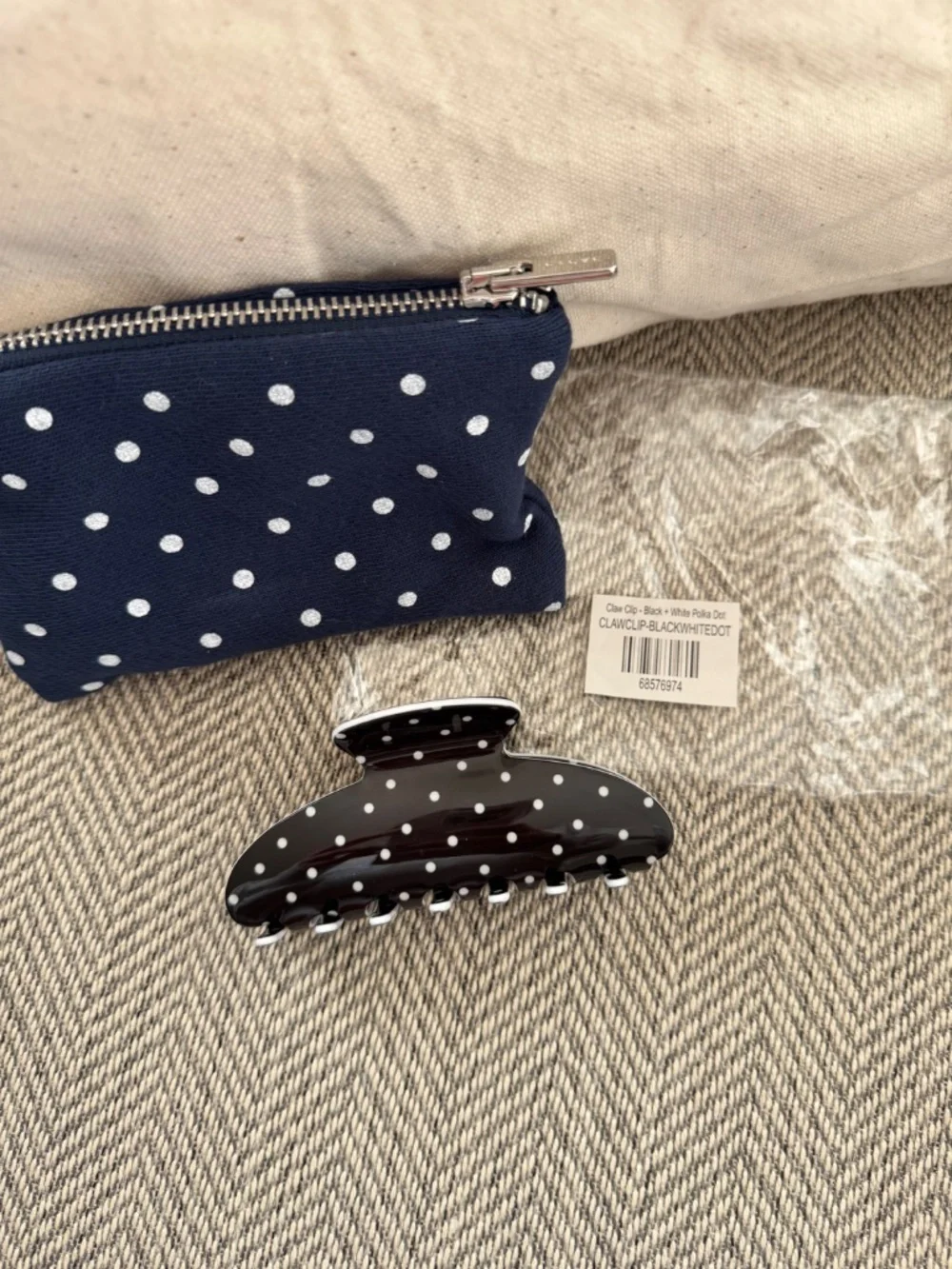 Parke Polka Dot Claw Clip Set of 3 Denim Blue White Black Hair Accessories w bag